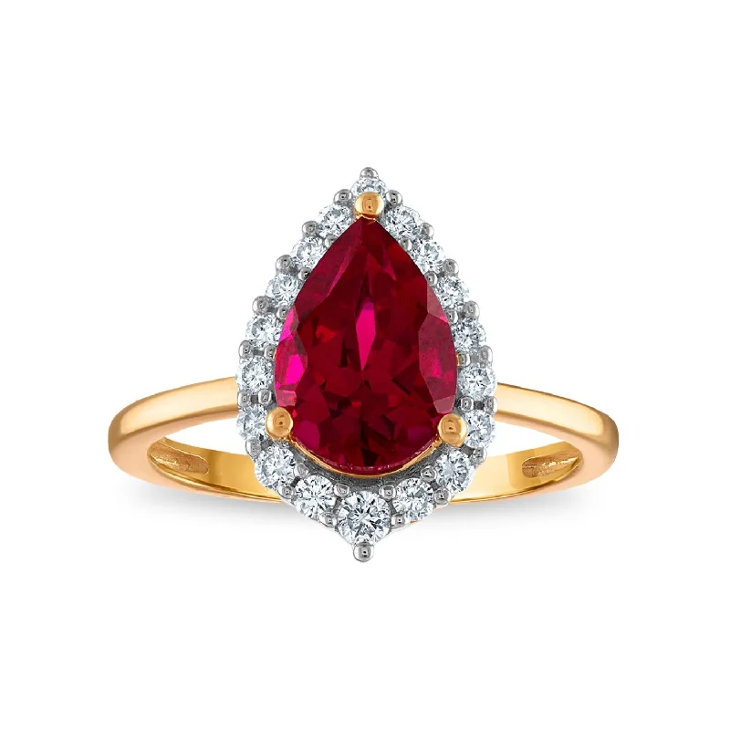 women's engagement rings with colorless diamond -LoveSong EcoLove 10X7MM Pear Ruby and Diamond Halo Ring in 10KT Yellow Gold