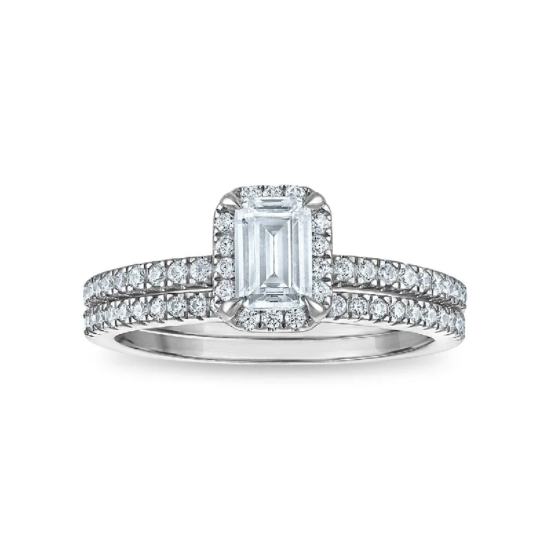 women's engagement rings with three-stone design -LoveSong EcoLove 1 CTW Lab Grown Diamond Halo Bridal Set in 10KT White Gold