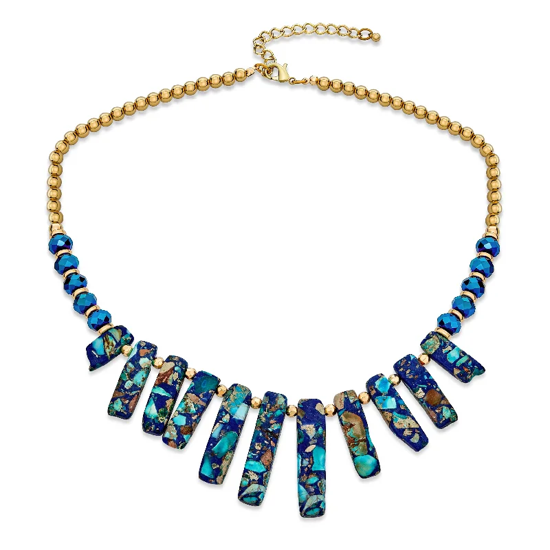 women's necklaces with bold gemstone -Blue Peck Turquoise Stone Bib Fan Statement Collar Necklace for Teens Gold Plated