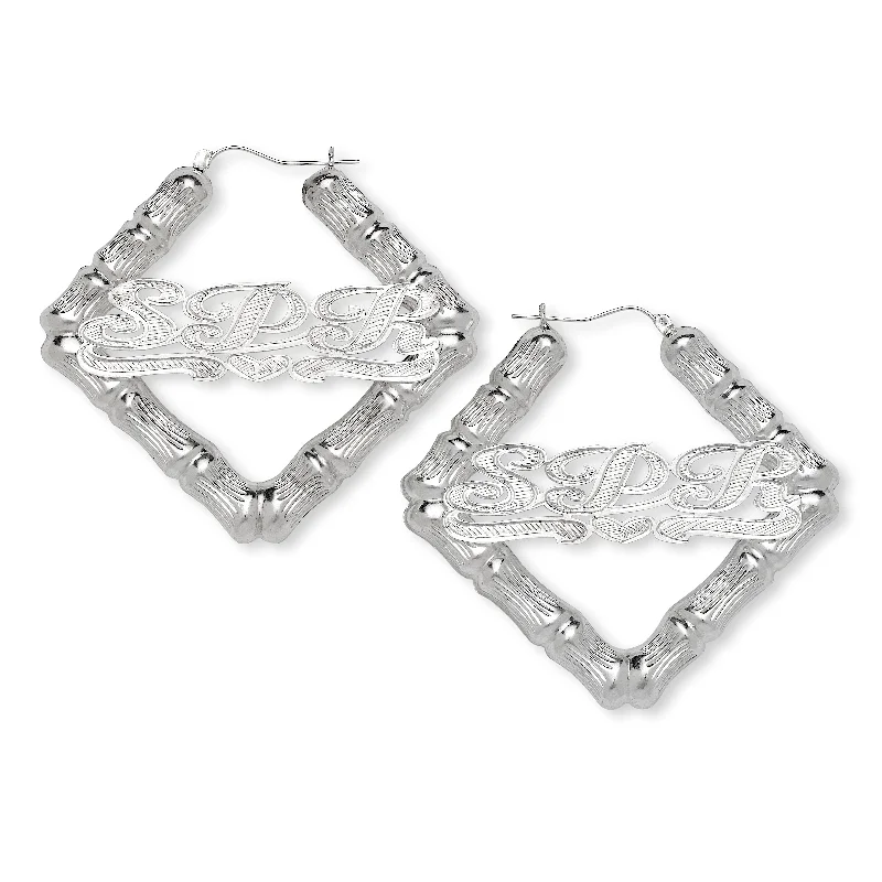 women's earrings with crystal accents -Personalized .925 Sterling Silver Bamboo Square Earrings Hoops