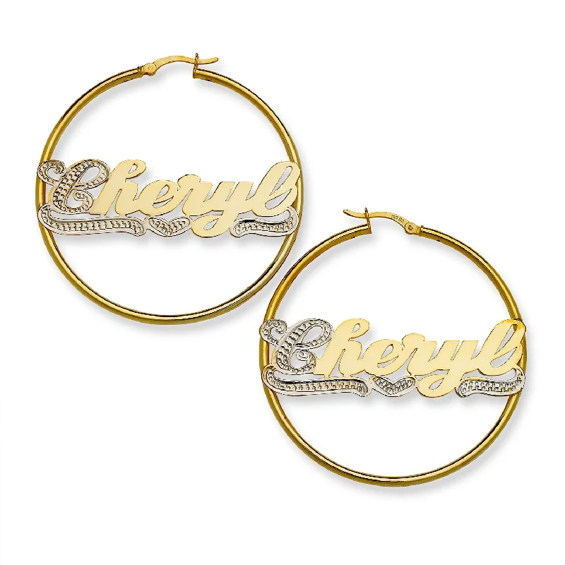 women's earrings with long drop -Better Jewelry Personalized Script Hoop Gold 10K Earrings