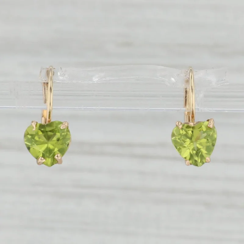 women's earrings with cubic zirconia accents -2ctw Peridot Heart Drop Earrings 14k Yellow Gold Leverbacks August Birthstone