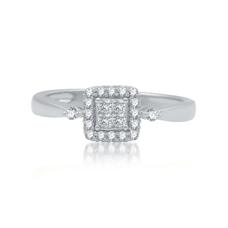 women's engagement rings with eternity band -1/4 CTW Diamond Halo Promise Ring in Rhodium Plated Sterling Silver