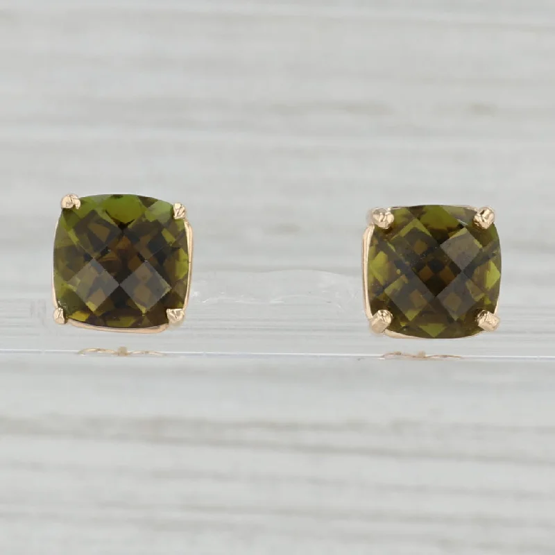 women's earrings with vintage hoop -8.20ctw Green Tourmaline Stud Earrings 14k Yellow Gold Cushion Solitaire Studs