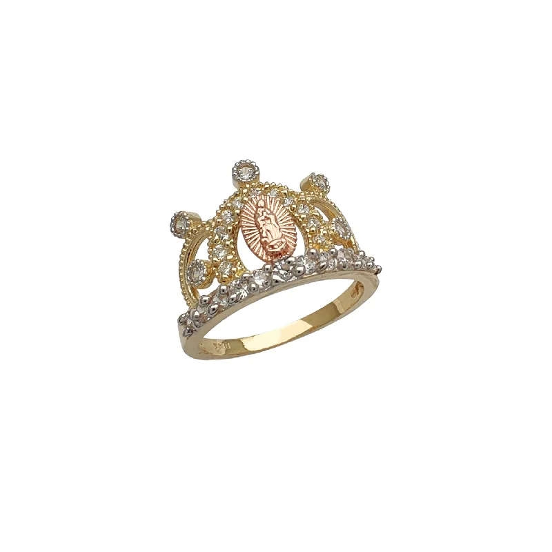 women's rings with round diamond -Tricolor Milgrained Virgin Mary Crown Ring (14K)