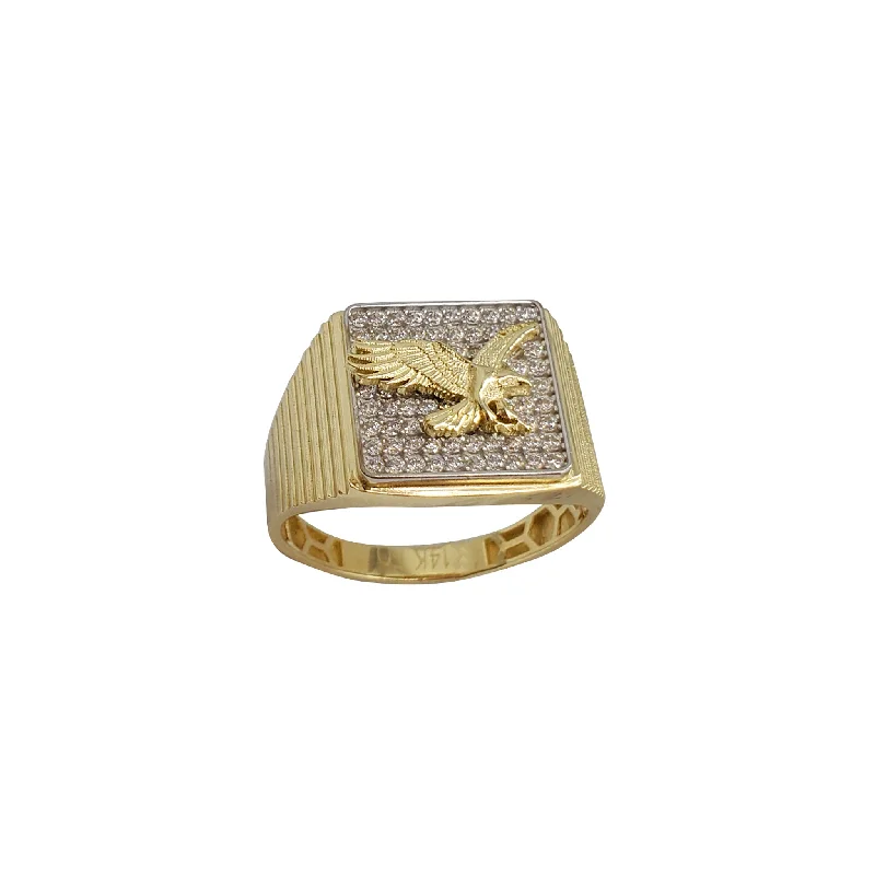 women's rings with diamond-encrusted band -Zirconia Two-Tone Ridged Flying Eagle Ring (14K)