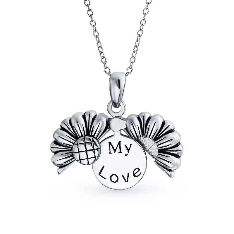 women's necklaces with trendy style -Floral Sunflower Locket Necklace with Inspirational Saying Rhodium Plated Silver