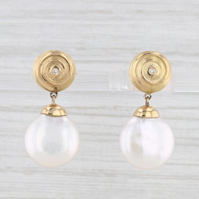 women's earrings diamond -Yvel Cultured Pearl Coin Diamond Dangle Earrings 18k Yellow Gold Pierced Drops