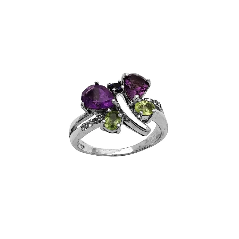 women's rings with pearl -Amethyst & Peridot Butterfly Ring (Silver)