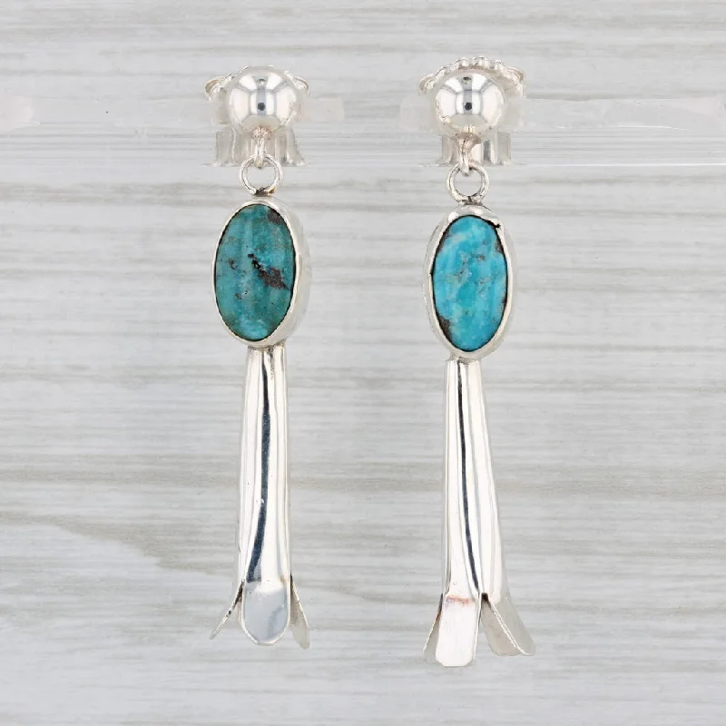 women's earrings with clean lines -Native American Squash Blossom Turquoise Dangle Earrings Sterling Silver Vintage