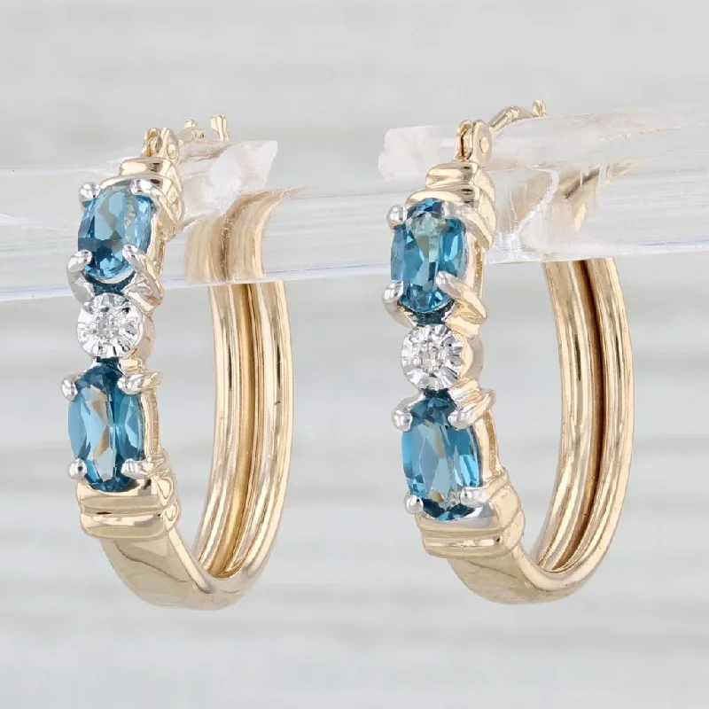 women's earrings with sapphire -1ctw London Blue Topaz Hoop Earrings 10k Yellow Gold Round Hoops Diamond Accents