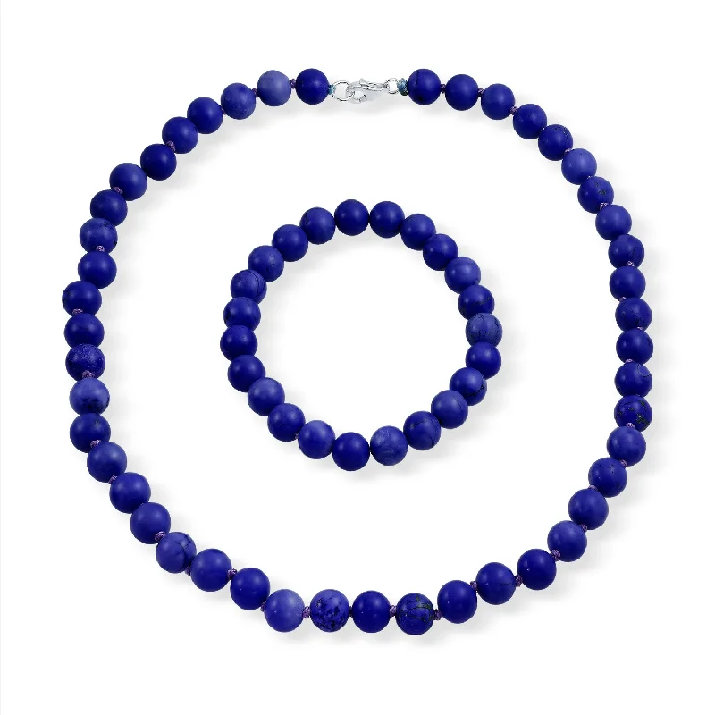 women's necklaces with fancy-cut stones -Classic Simulated Blue Lapis Lazuli 7MM Beads Strand Necklace & Bracelet Set