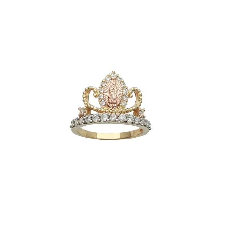 women's rings with heart-shaped stone -Tricolor Virgin Mary Crown-Tiara Ring (14K)