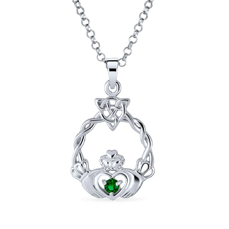 women's necklaces with engraved details -Traditional Irish Kelly Green CZ Celtic Love Knot Claddagh Pendant Necklace Silver