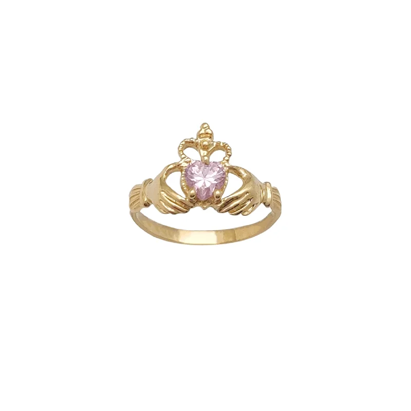 women's rings with classic solitaire style -Milgrain Crown Pink Stone Claddagh Ring (14K)