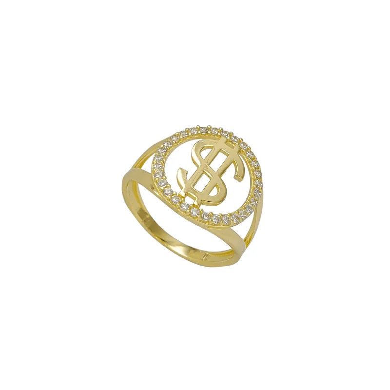 women's rings with yellow gold band -Zirconia Outlined Halo Dollar Sign Ring (14K)