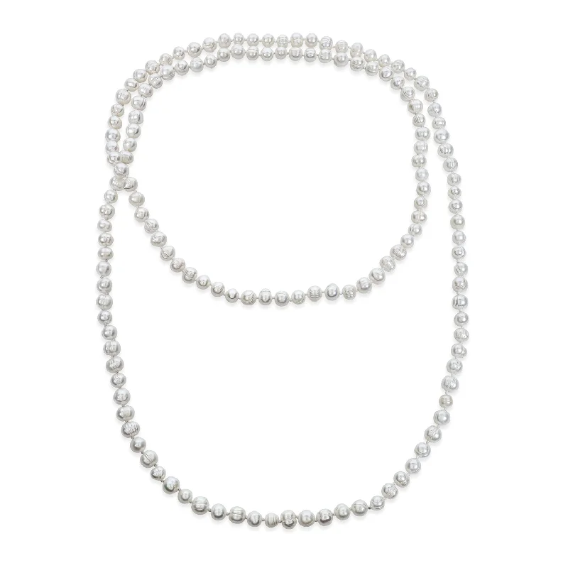 women's necklaces with long pendant -Flapper Rope Hand Knotted White Freshwater Cultured Pearl Strand Necklace 36 Inch