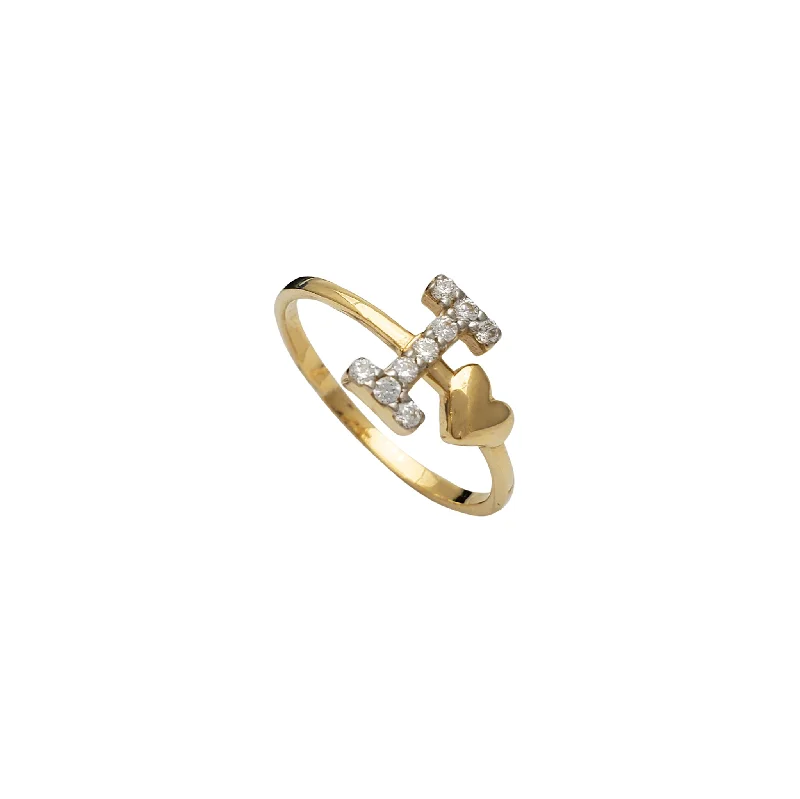 women's rings with cocktail ring design -Zirconia Initial Letter "I" & Heart Solitaire Ring (14K)