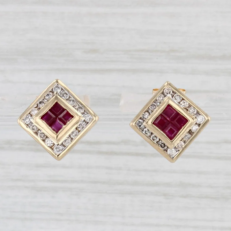 women's earrings with artistic design -0.85ctw Ruby Diamond Halo Stud Earrings 14k Yellow Gold