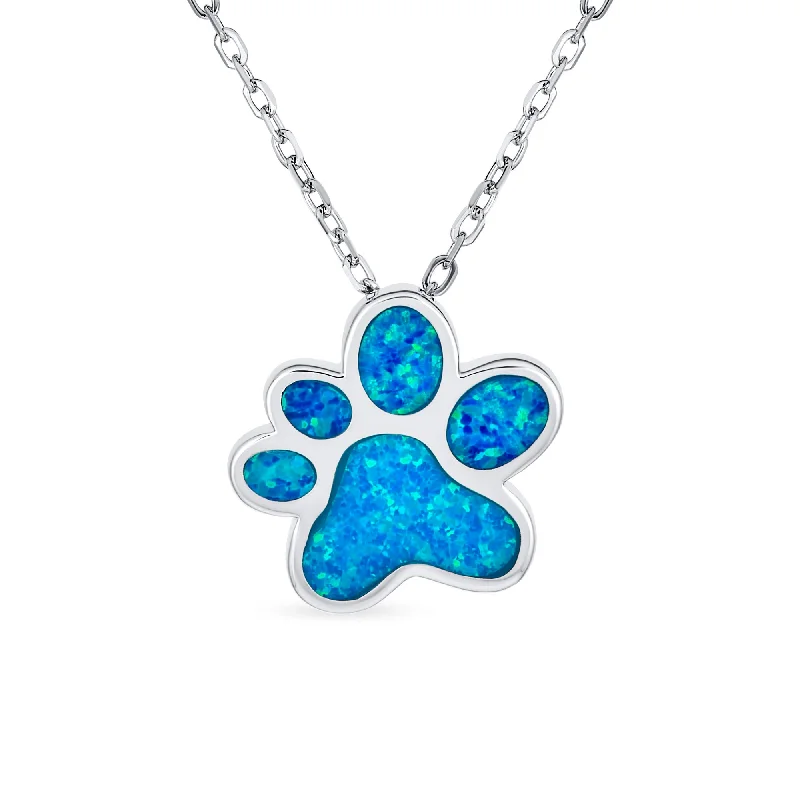 women's necklaces with silver chain -BFF Best Friend Pet Lover Blue Opal Paw Print Pendant Necklace Sterling Silver