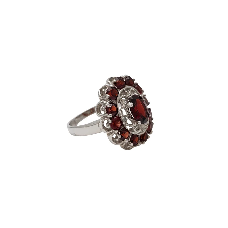 women's rings with timeless elegance -Dark Red Zirconia Floral Pattern White Gold Lady Ring (14K)