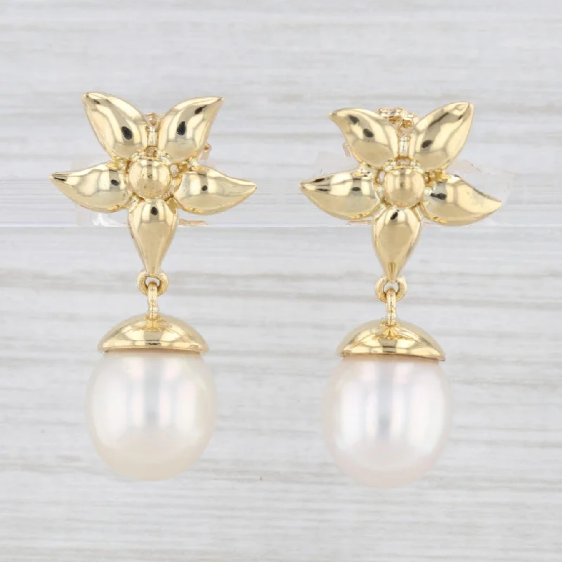 women's earrings with cubic zirconia -Flower Cultured Pearl Dangle Earrings 18k Yellow Gold Pierced Drops