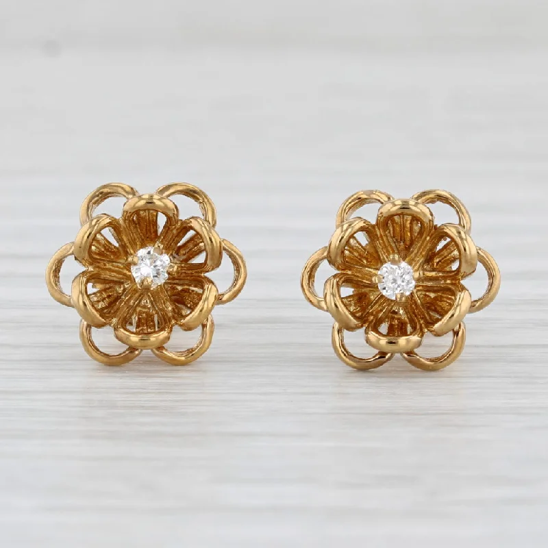 women's earrings with custom design -Diamond Flower Stud Earrings 14k Yellow Gold Floral Studs