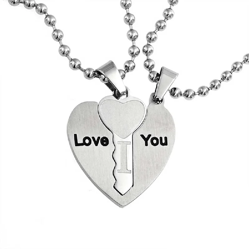 women's necklaces with bar pendant -I Love You Puzzle Heart Key Pendant Necklace for Couples Stainless Steel