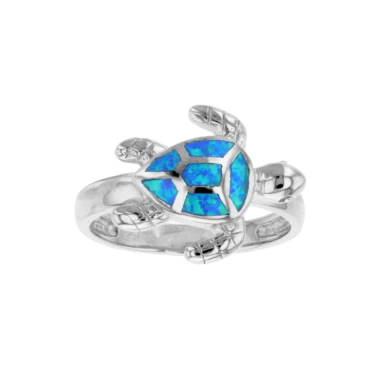 women's rings with unique gemstone -Blue Opal Turtle Ring (Silver)