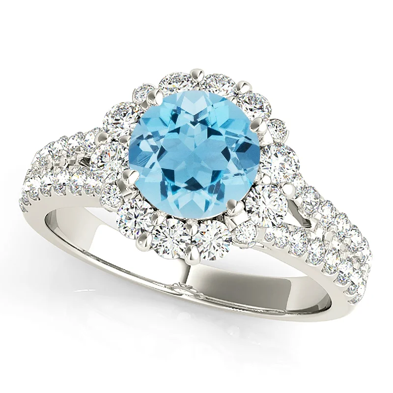 women's engagement rings with pear-shaped diamond -1.75 ct. Genuine Aquamarine Ring With Halo And Small V Shape Split Diamond Band