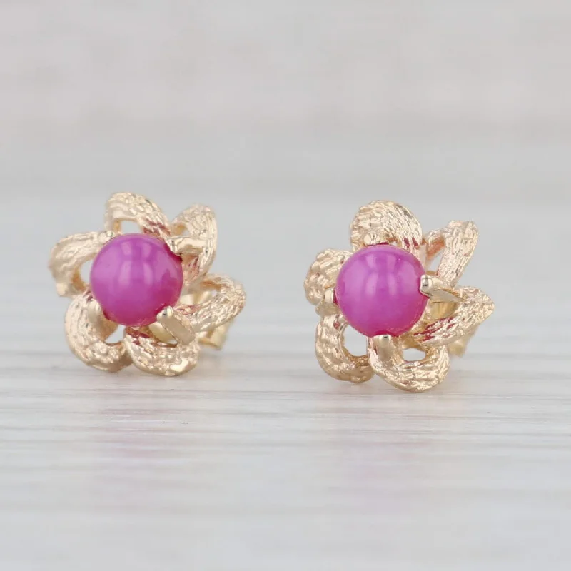 women's earrings with intricate design -Lab Created Ruby Flower Stud Earrings 14k Yellow Gold Round Cabochons