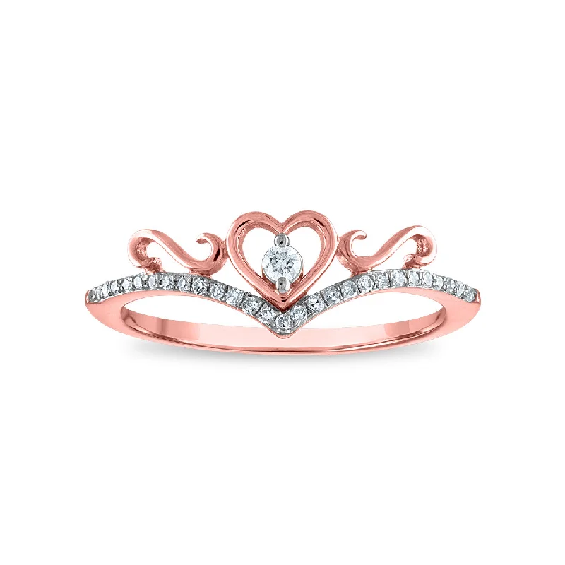 women's engagement rings with cubic zirconia -1/10 CTW Diamond Heart Tiara Crown Ring in 10KT Rose Gold