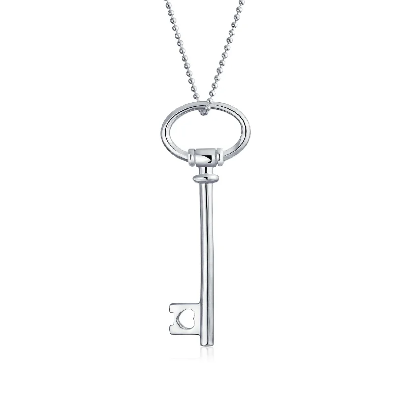 women's necklaces with infinity design -Large Oval Key Shape Pendant Necklace in Sterling Silver 18 Inch Chain