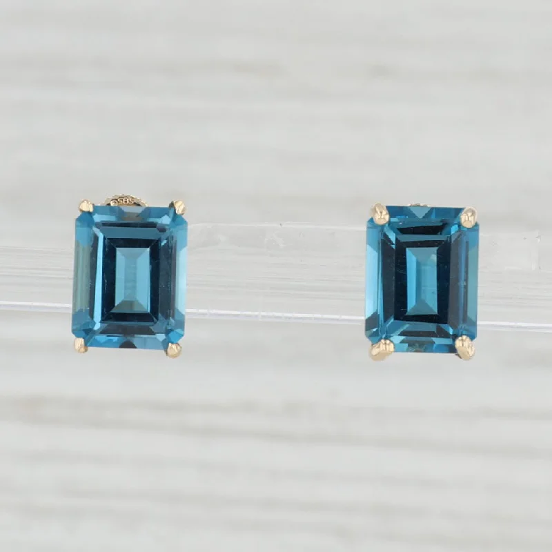 women's earrings with yellow gold -6ctw London Blue Topaz Stud Earrings 14k Yellow Gold Emerald Cut Solitaire Studs