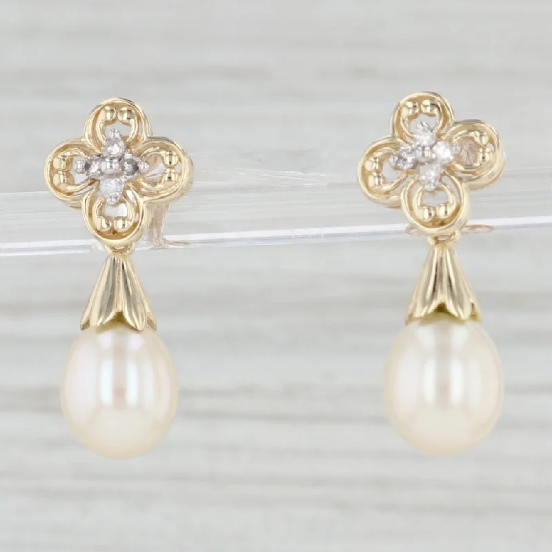 women's earrings with circular design -Cultured Pearl Teardrop Diamond Flower Earrings 10k Yellow Gold Drops