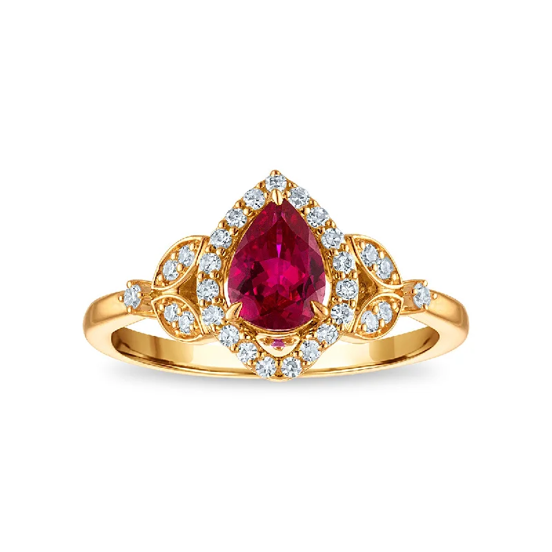 women's engagement rings with twisted band -LoveSong EcoLove Pear Ruby and Lab Grown Diamond Halo Ring in 10KT Yellow Gold