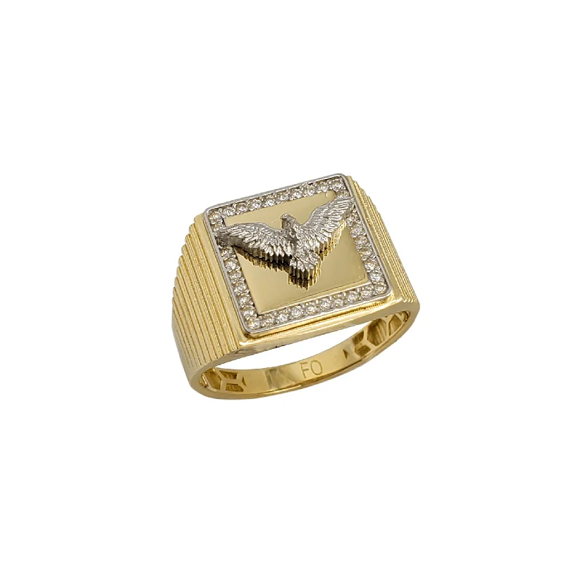 women's rings with customized engraving -Zirconia Two-Tone Ridged Open Wings Eagle Ring (14K)