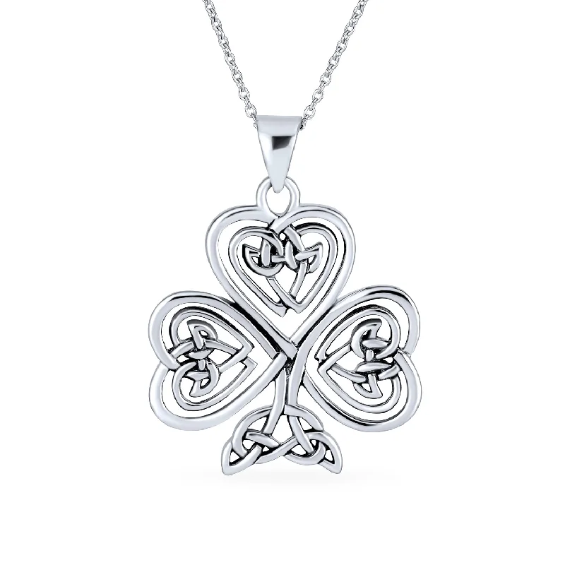 women's necklaces with pearl -Saint Patricks Shamrock Heart Clover Pendant Necklace in Sterling Silver