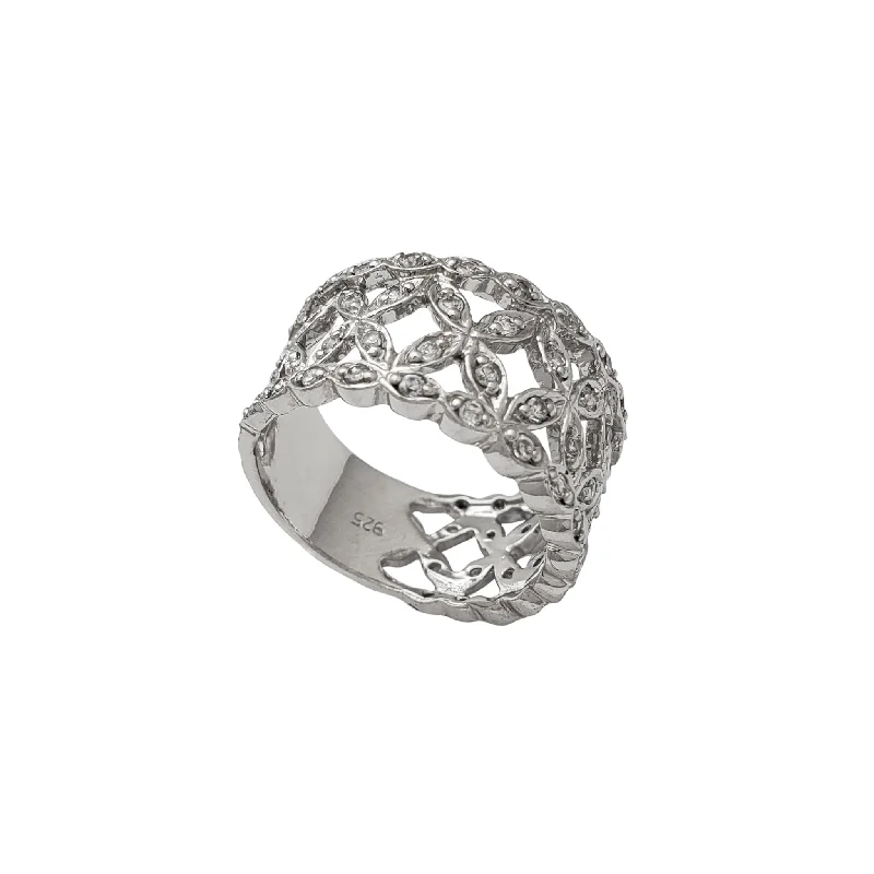 women's rings with heart-shaped band -Zirconia Flower Band Ring (Silver)