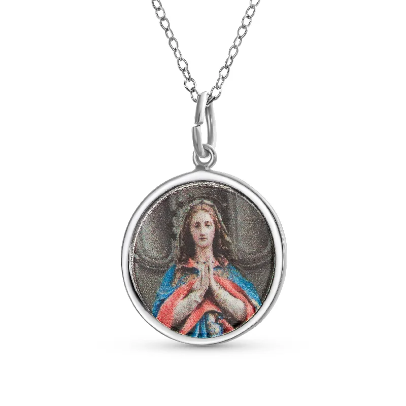 women's necklaces with sparkling diamonds -Oval Religious Medal Virgin Mary Pendant Necklace in Sterling Silver