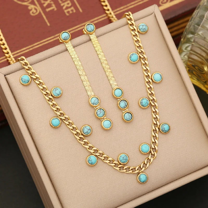 women's bracelets diamond -Simple Style Commute Round Stainless Steel Plating Inlay Turquoise Bracelets Earrings Necklace