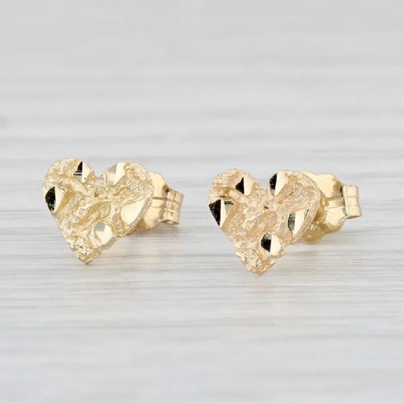 women's earrings with vintage style -Small Heart Stud Earrings 14k Yellow Gold Nugget Pattern