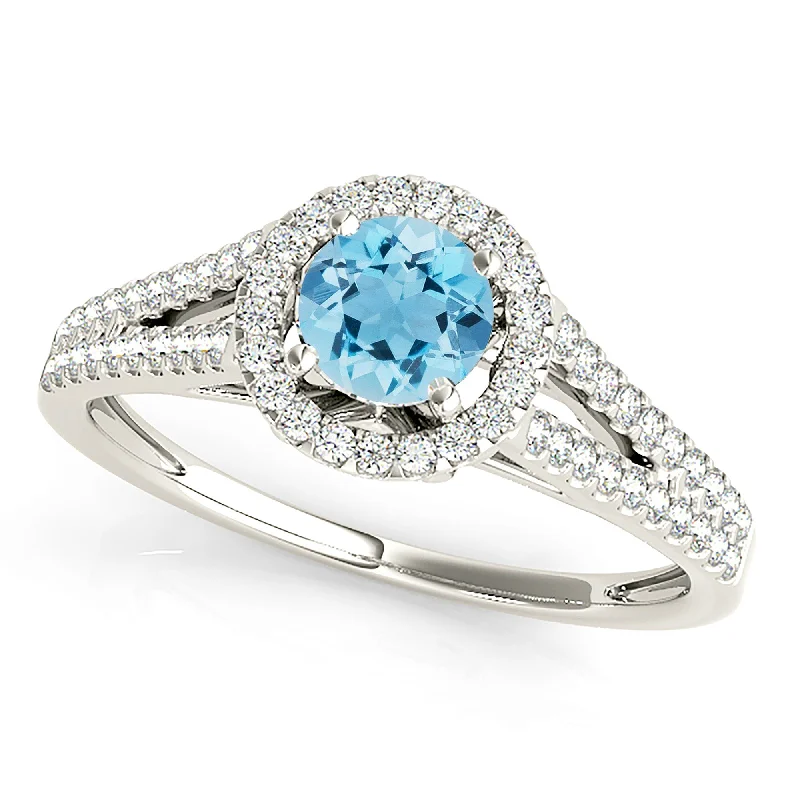 women's engagement rings with side diamonds -1.00 ct. Genuine Aquamarine Ring With Halo And V Shape Split Diamond band