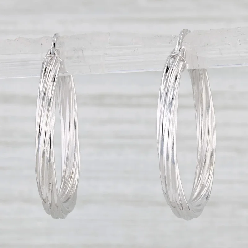 women's earrings with asymmetric design -Twist Woven Hoop Earrings 10k White Gold Snap Top Round Hoops