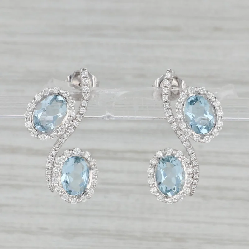 women's earrings with pearl -New 3.30ctw Aquamarine Diamond Halo Drop Earrings 14k White Gold