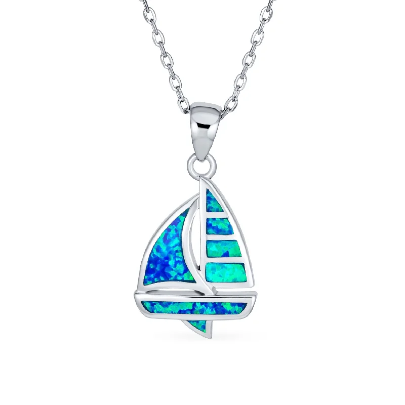 women's necklaces with fancy pendant -Created Blue Opal Sailboat Pendant Necklace Sterling Silver Nautical Jewelry