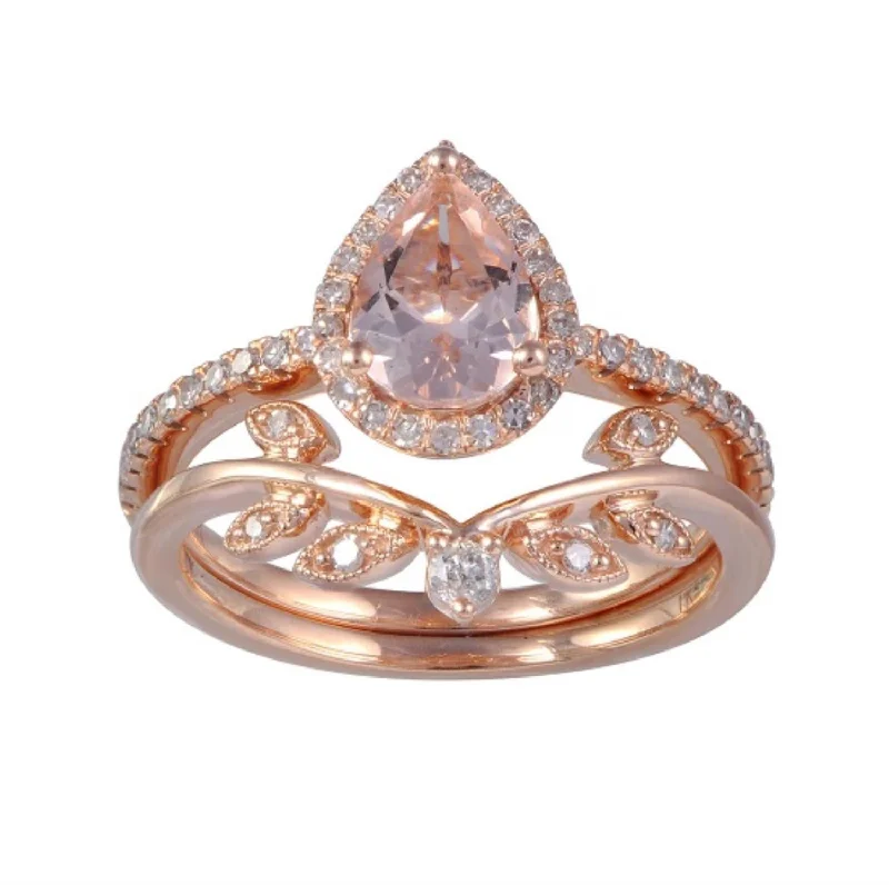 women's engagement rings with precious gemstone -8X6MM Pear Morganite and Diamond Bridal Set Ring in 10KT Rose Gold