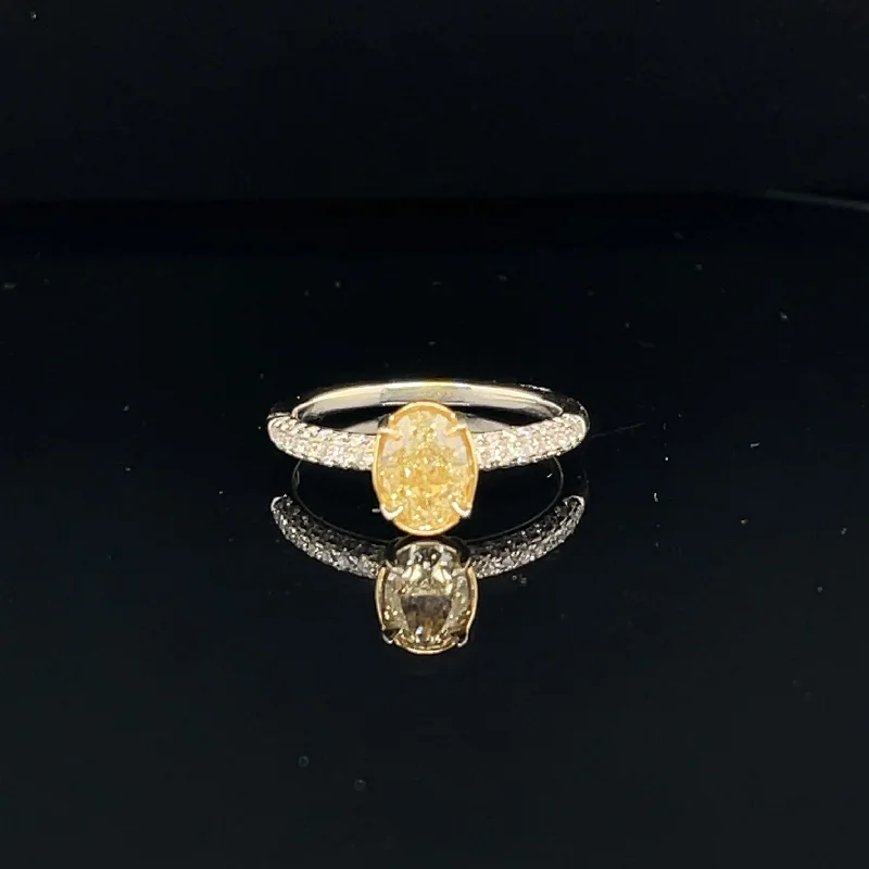 women's engagement rings with geometric design -Fancy Yellow & White Diamond Oval Basket Ring in 18k Two Tone Gold - (#126-JR1369GR)