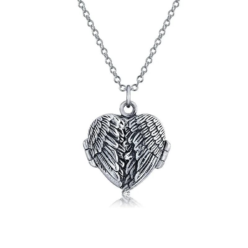 women's necklaces with bold accents -Vintage Style Guardian Angel Wing Heart Photo Locket Necklace Silver Pendant