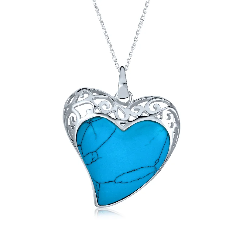 women's necklaces with delicate chain -Large Filigree Turquoise Heart Pendant Necklace in Sterling Silver with Chain